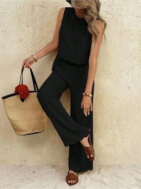 Women's Black Linen Pants Scalloped Bottom